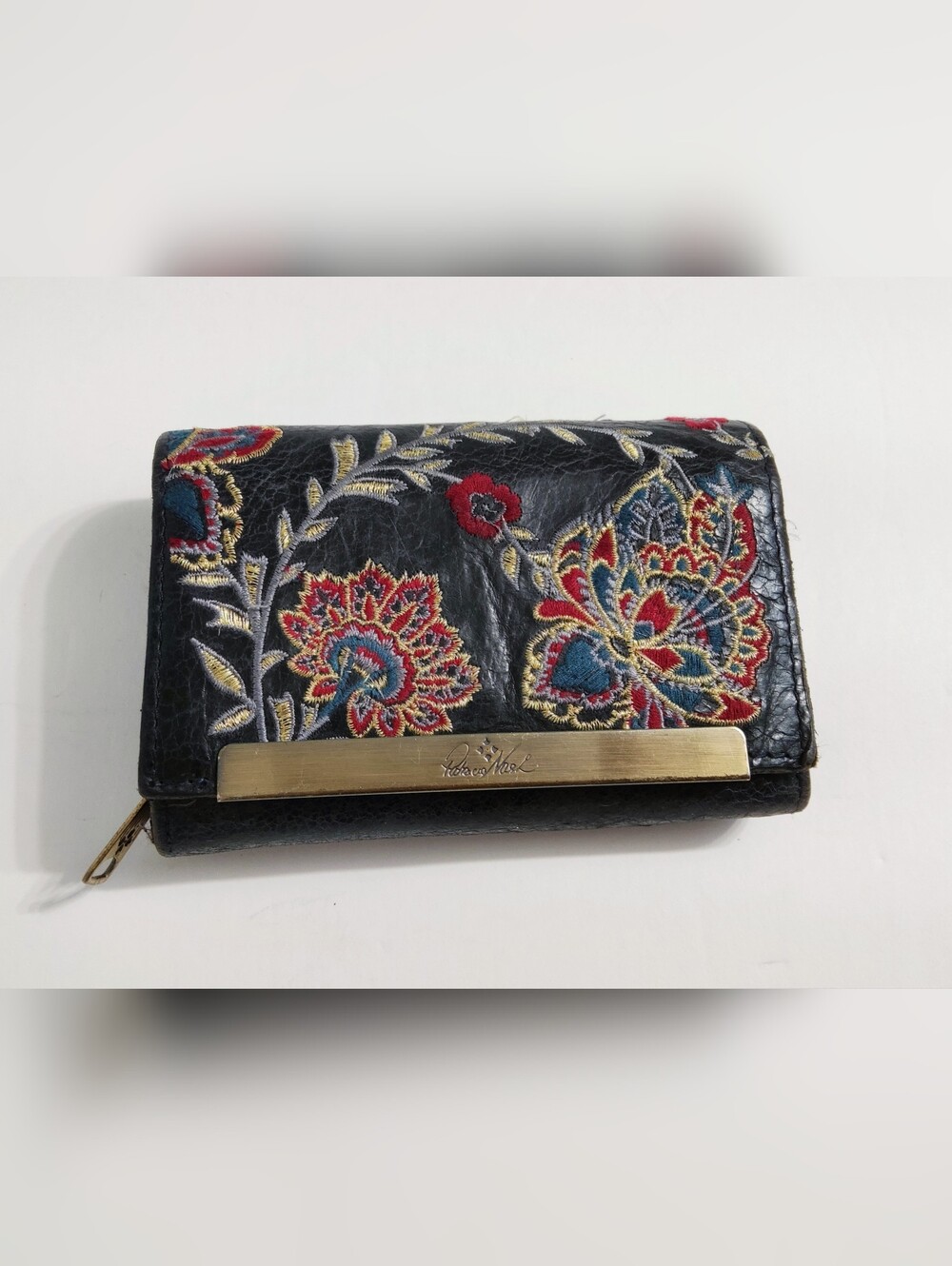 Patricia Nash Embroidered Floral Black Wallet with Brass Accent. Pre-owned.